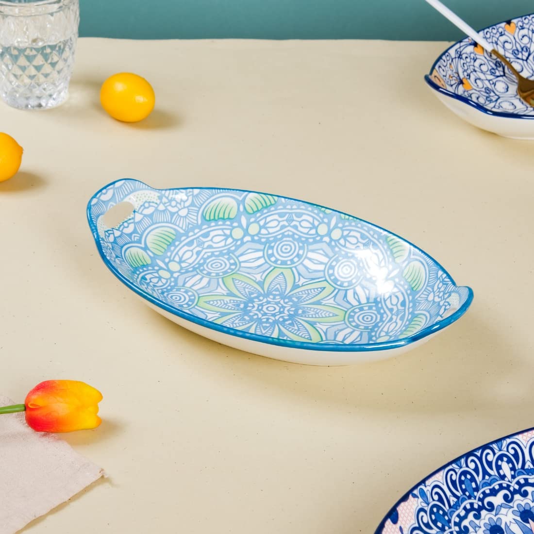 Nestasia Blue and Green Mandala Ceramic Long Dish with Handles for Serving Snacks, Appetizers, Salads, and Noodles| Microwave Sa